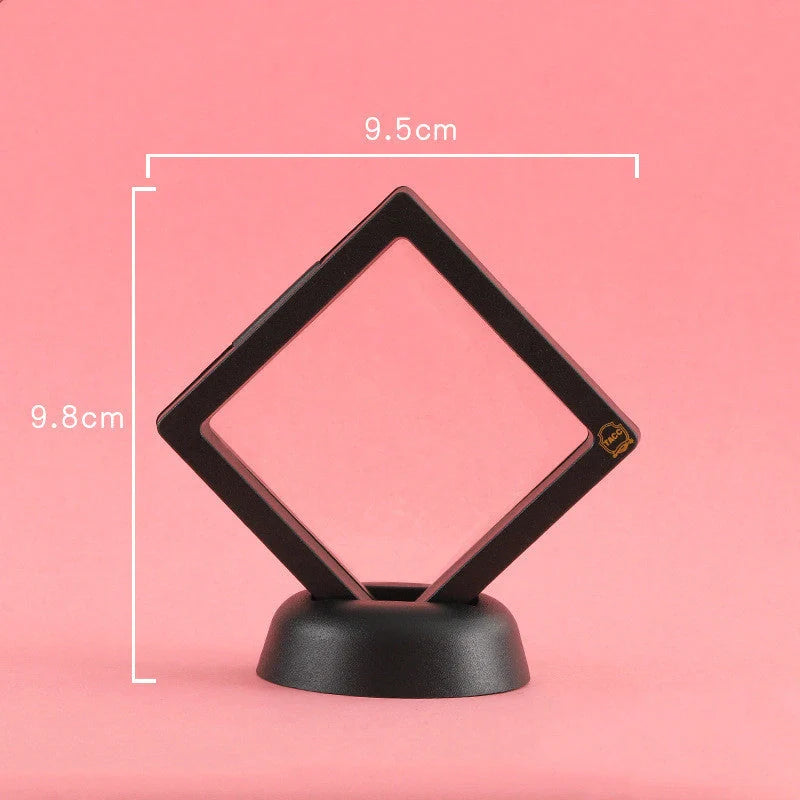 3D floating jewelry coin display stand in white and black, showcasing collectibles in mid-air
