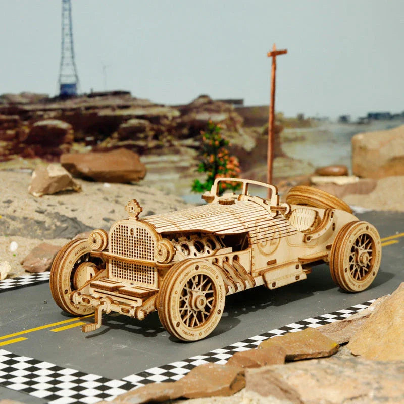 Premium model wooden train kit with 308 precision-cut wooden pieces for a rewarding DIY assembly project