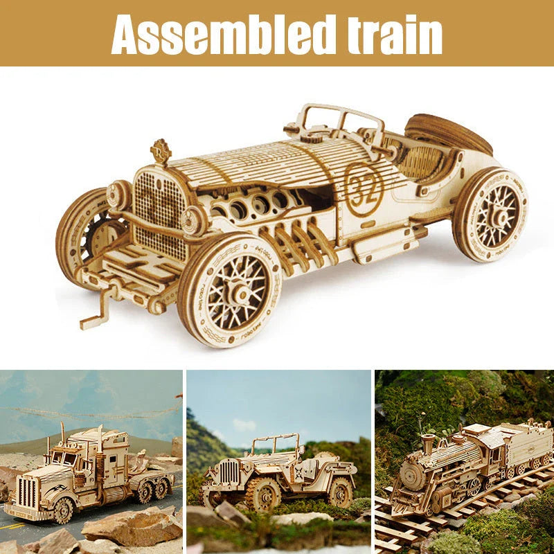 Premium model wooden train kit with 308 precision-cut wooden pieces for a rewarding DIY assembly project