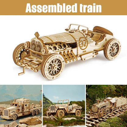 Premium model wooden train kit with 308 precision-cut wooden pieces for a rewarding DIY assembly project