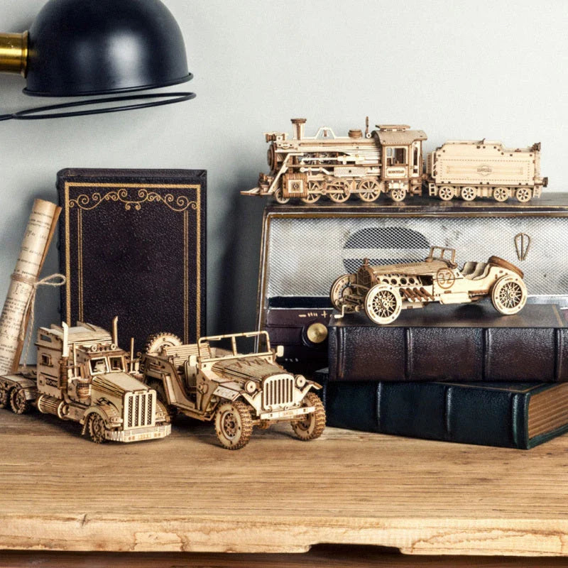 Premium model wooden train kit with 308 precision-cut wooden pieces for a rewarding DIY assembly project