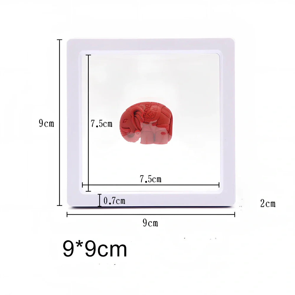 Black 11x11cm suspended 3D floating display frame holding a coin, with square base for stable collectible showcase