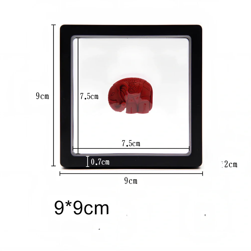 Black 11x11cm suspended 3D floating display frame holding a coin, with square base for stable collectible showcase