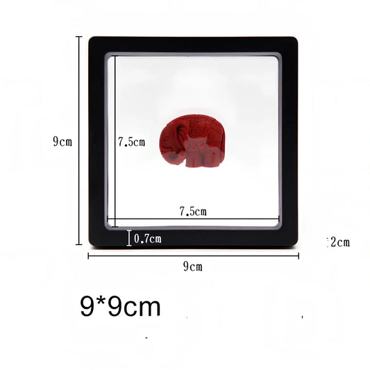Black 11x11cm suspended 3D floating display frame holding a coin, with square base for stable collectible showcase