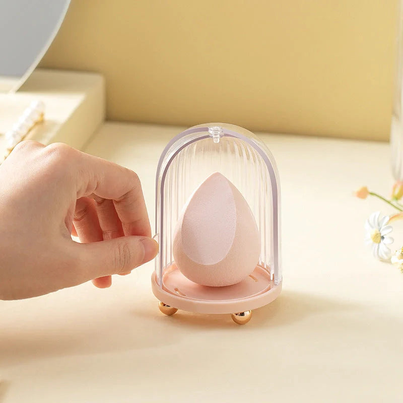Birdcage Cosmetic Storage Box in white and pink, dustproof makeup sponge organizer