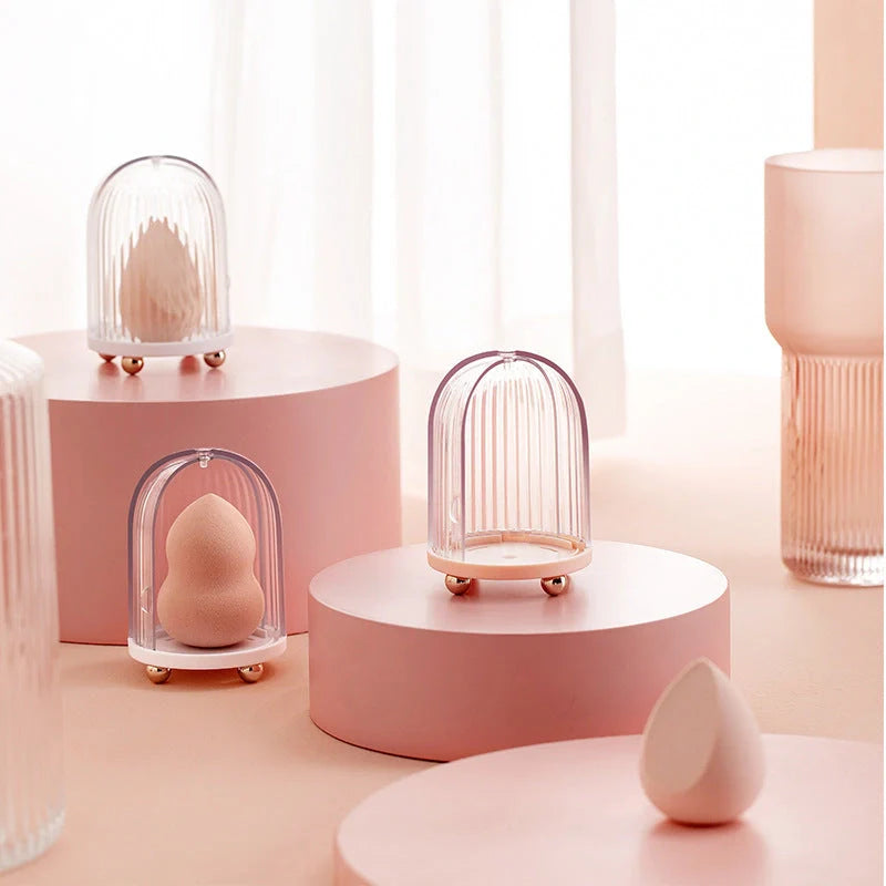 Birdcage Cosmetic Storage Box in white and pink, dustproof makeup sponge organizer