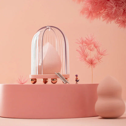 Birdcage Cosmetic Storage Box in white and pink, dustproof makeup sponge organizer