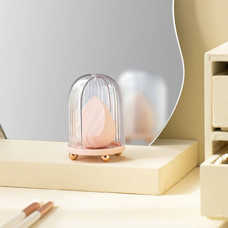 Birdcage Cosmetic Storage Box in white and pink, dustproof makeup sponge organizer