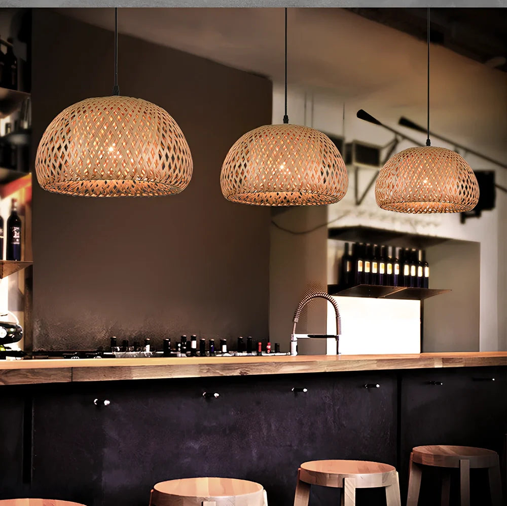 Bamboo woven rattan chandelier, 600mm diameter, adjustable to 1.2m, with single light source for 10-15㎡ illumination
