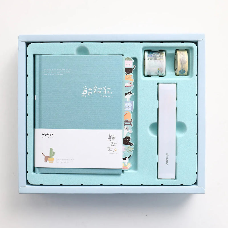 Peekaboo gift box hand ledger notebook journal for notes, diary, or sketching with 13 x 18 cm lightweight paper text block, wire-o plastic spiral binding, and choice of blue, green, pink, or purple random cover colour, includes a pen