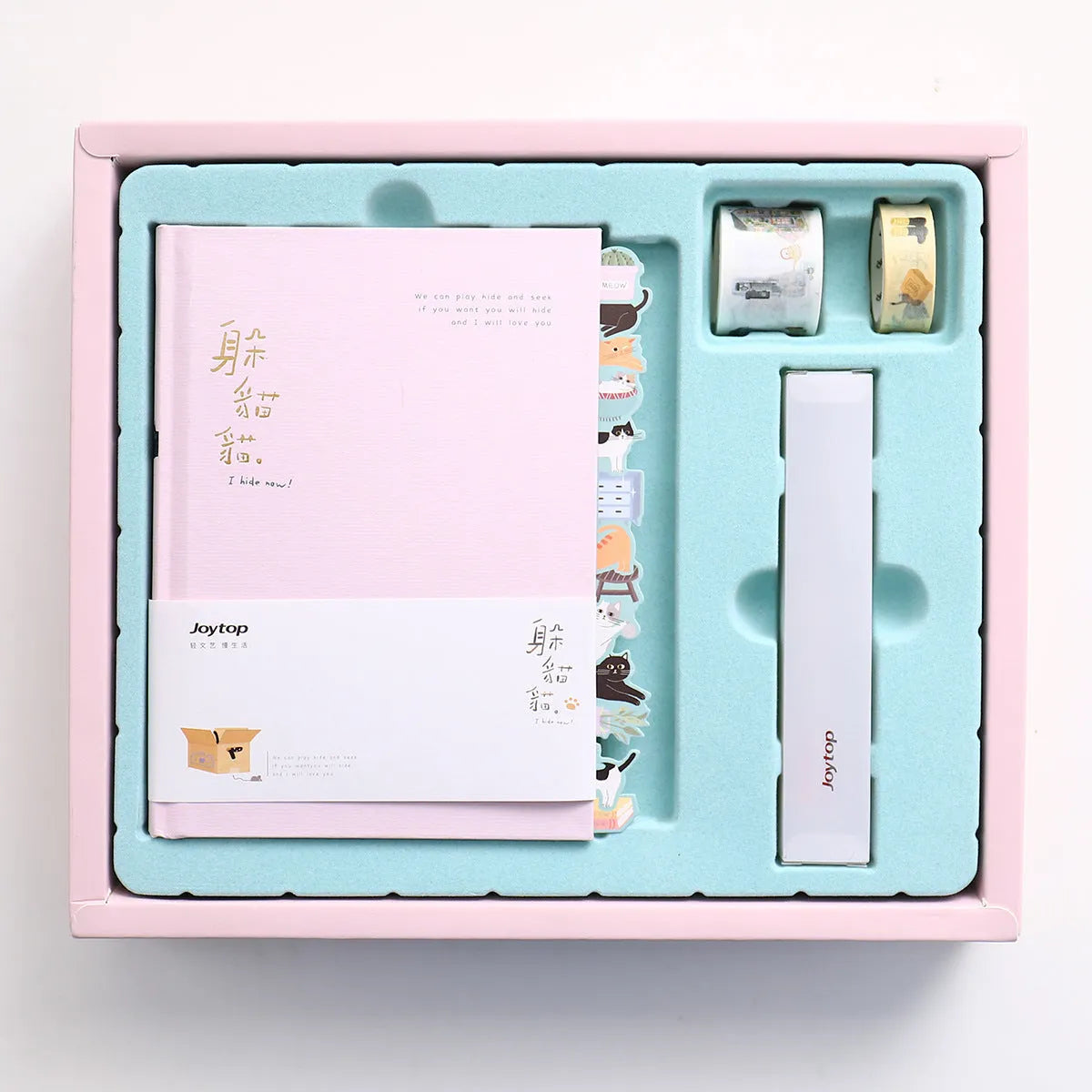 Peekaboo gift box hand ledger notebook with spiral binding, shown with an included pen.