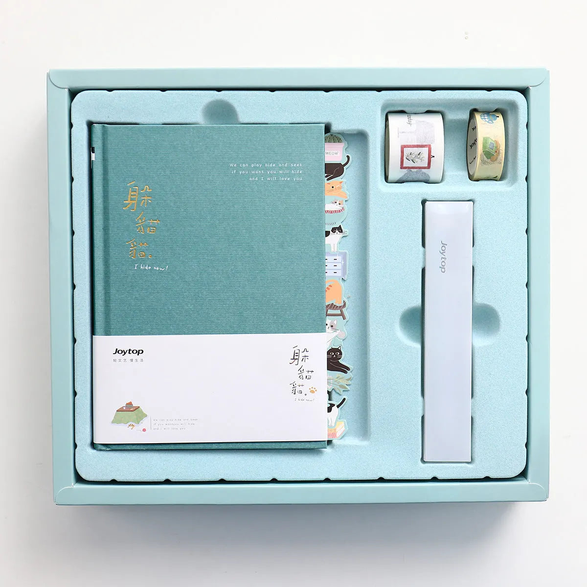 Peekaboo gift box hand ledger notebook with spiral binding, shown with an included pen.
