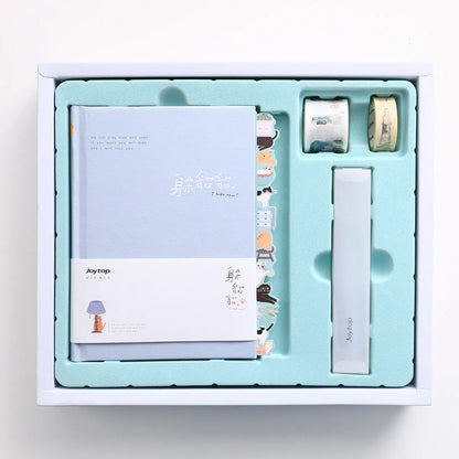 Peekaboo gift box hand ledger notebook with spiral binding, shown with an included pen.