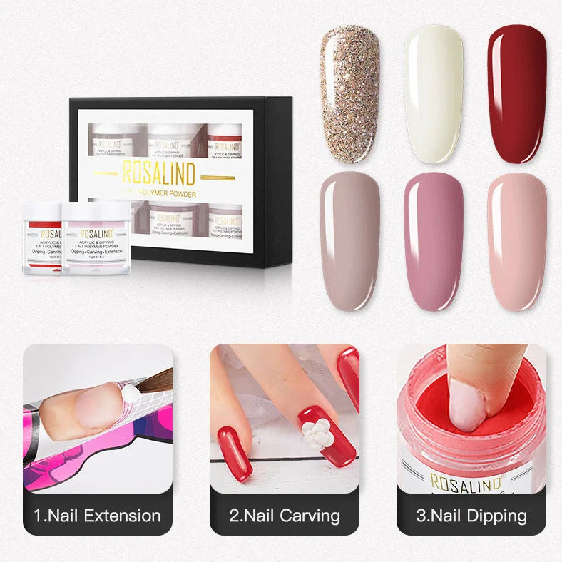 Rosalind 3-in-1 polymer powder nail kit with six colour options in 88×32×123mm packaging