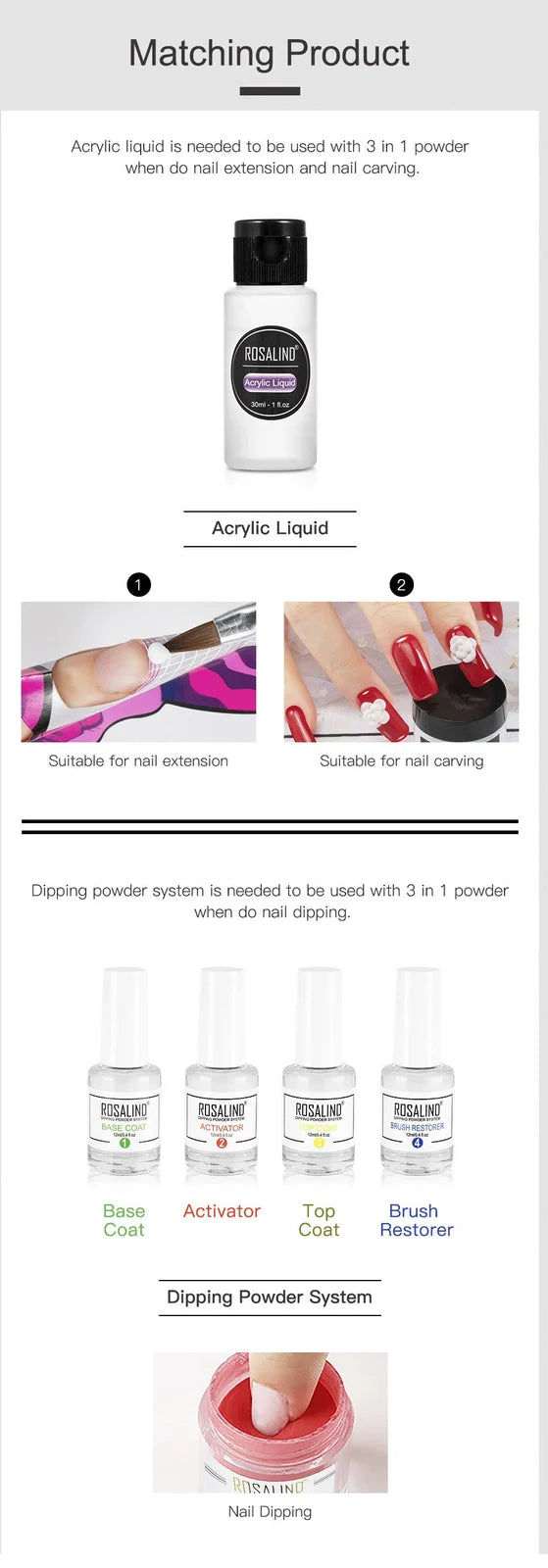 Rosalind 3-in-1 polymer powder nail kit with six colour options in 88×32×123mm packaging