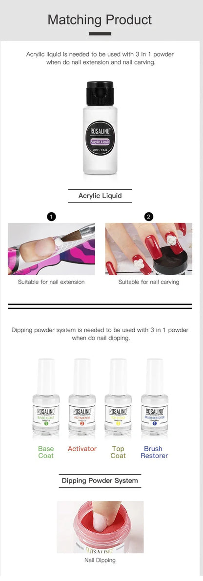 Rosalind 3-in-1 polymer powder nail kit with six colour options in 88×32×123mm packaging