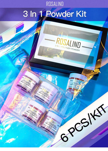 Rosalind 3-in-1 polymer powder nail kit with six colour options in 88×32×123mm packaging