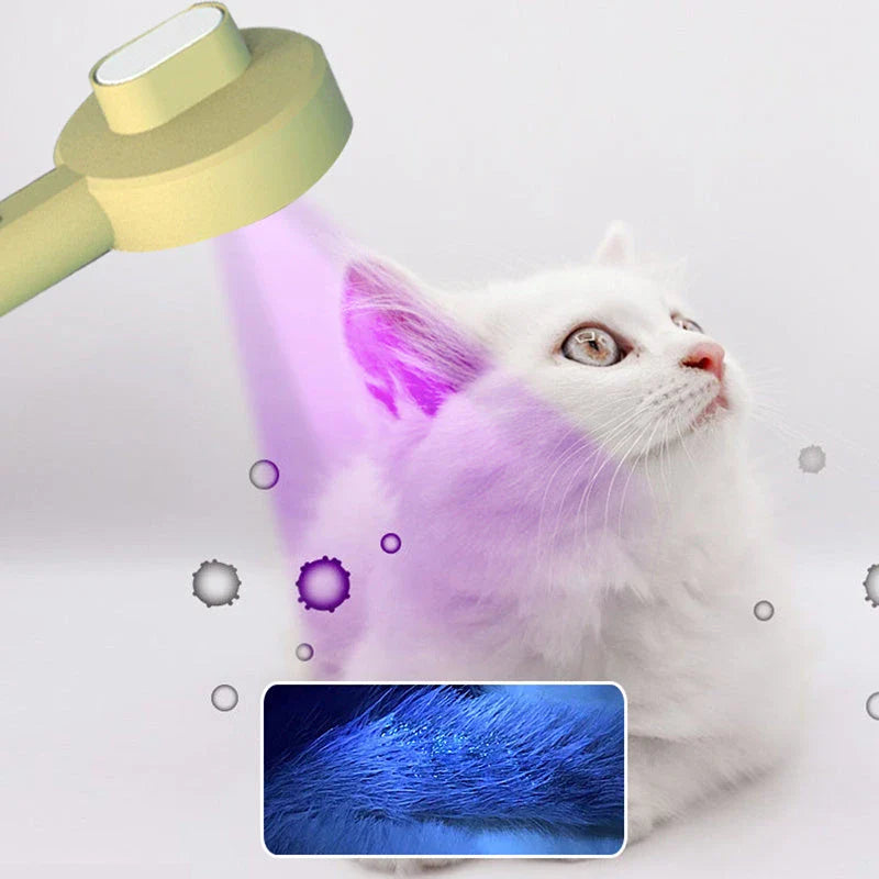 Premium pet grooming comb with integrated UV light sanitiser for thorough cleaning and mite elimination