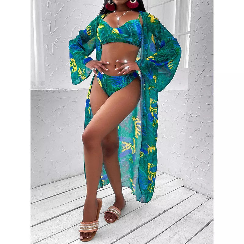 Women's three-piece printed bikini split swimsuit in polyester, available in green, orange, and black