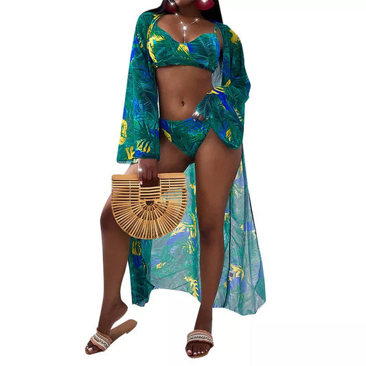 Women's three-piece printed bikini split swimsuit in polyester, available in green, orange, and black
