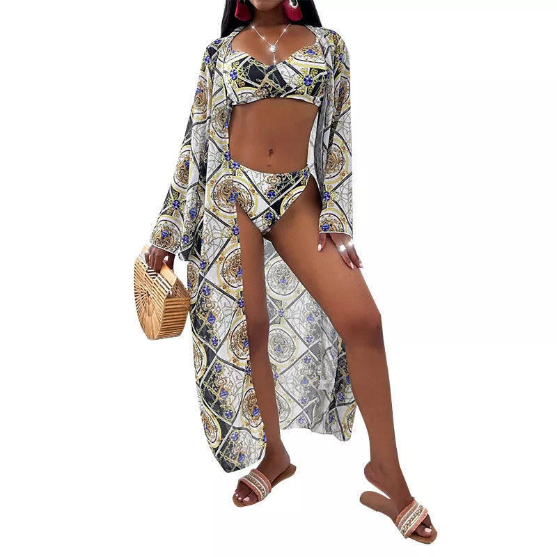 Women's three-piece printed bikini split swimsuit in polyester, available in green, orange, and black