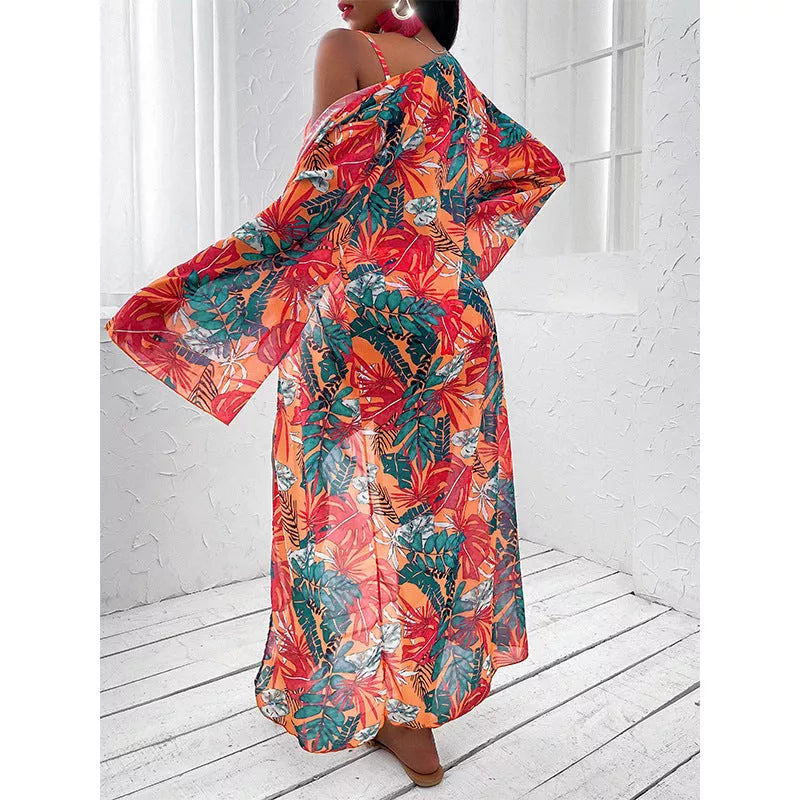 Women's three-piece printed bikini split swimsuit in polyester, available in green, orange, and black