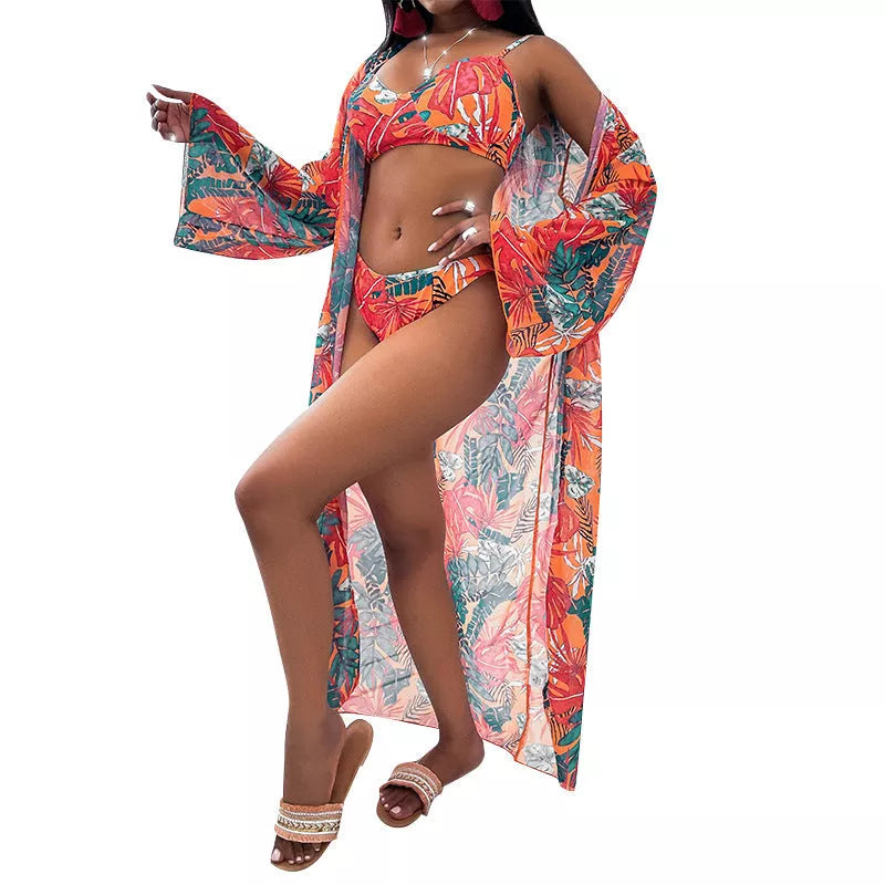 Women's three-piece printed bikini split swimsuit in polyester, available in green, orange, and black
