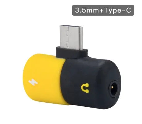 Blue and yellow 2-in-1 charging audio cover case for Huawei phones, showing 3.5mm adapter and compact 30mm by 12mm size