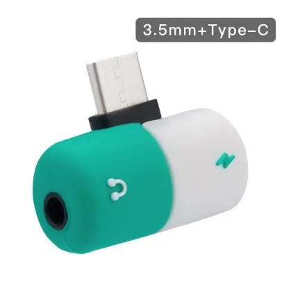 Blue and yellow 2-in-1 charging audio cover case for Huawei phones, showing 3.5mm adapter and compact 30mm by 12mm size