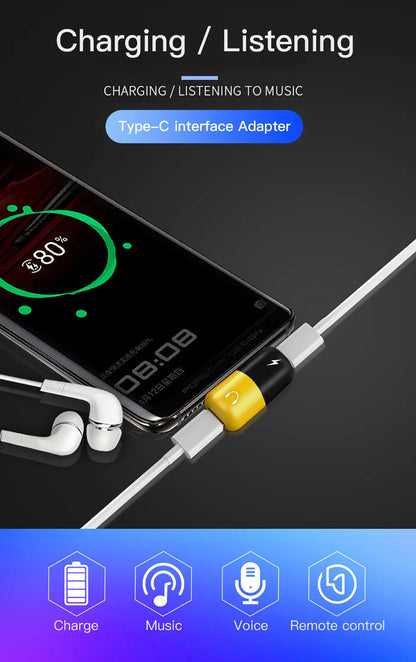 Blue and yellow 2-in-1 charging audio cover case for Huawei phones, showing 3.5mm adapter and compact 30mm by 12mm size