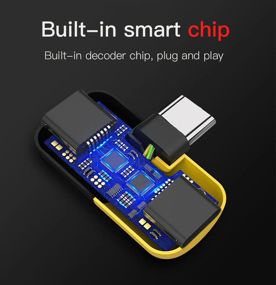 Blue and yellow 2-in-1 charging audio cover case for Huawei phones, showing 3.5mm adapter and compact 30mm by 12mm size