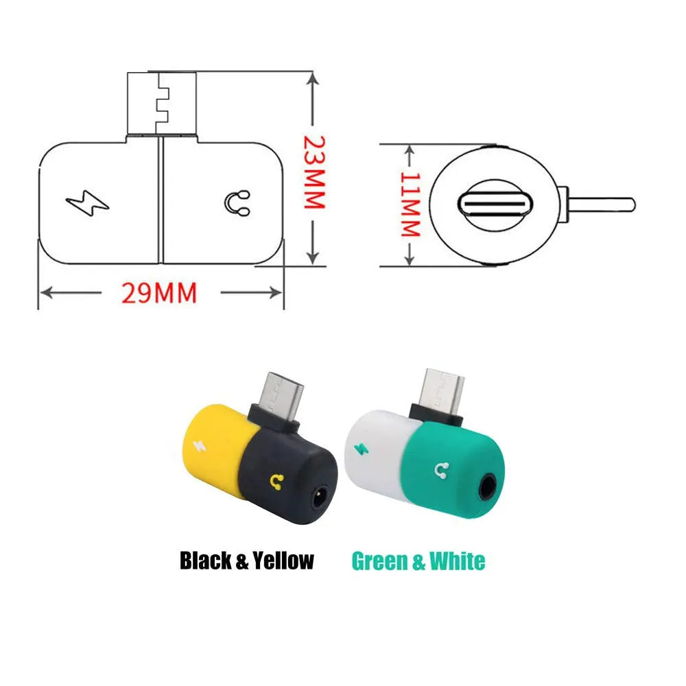 Blue and yellow 2-in-1 charging audio cover case for Huawei phones, showing 3.5mm adapter and compact 30mm by 12mm size