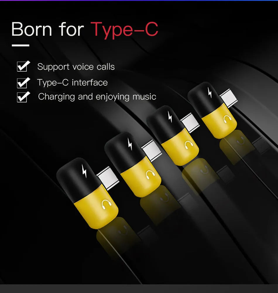 Blue and yellow 2-in-1 charging audio cover case for Huawei phones, showing 3.5mm adapter and compact 30mm by 12mm size