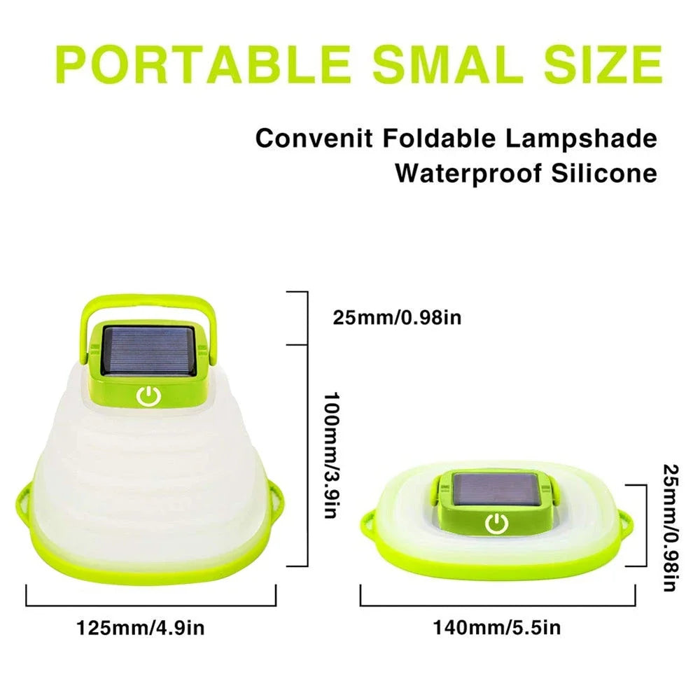 Compact and collapsible solar-powered camping lantern with adjustable brightness and IP68 waterproof rating