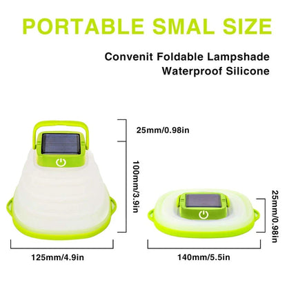 Compact and collapsible solar-powered camping lantern with adjustable brightness and IP68 waterproof rating
