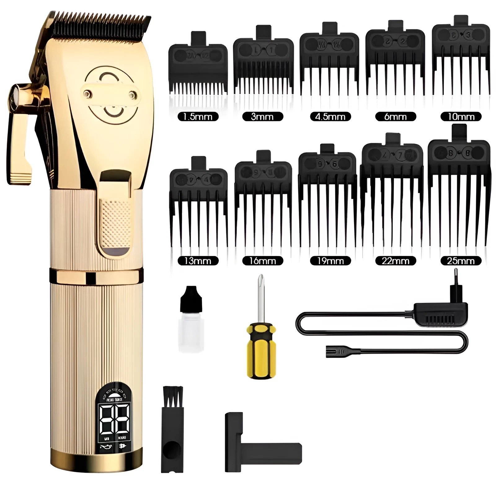 Gold cordless hair clipper with 25W motor and dual charging capability