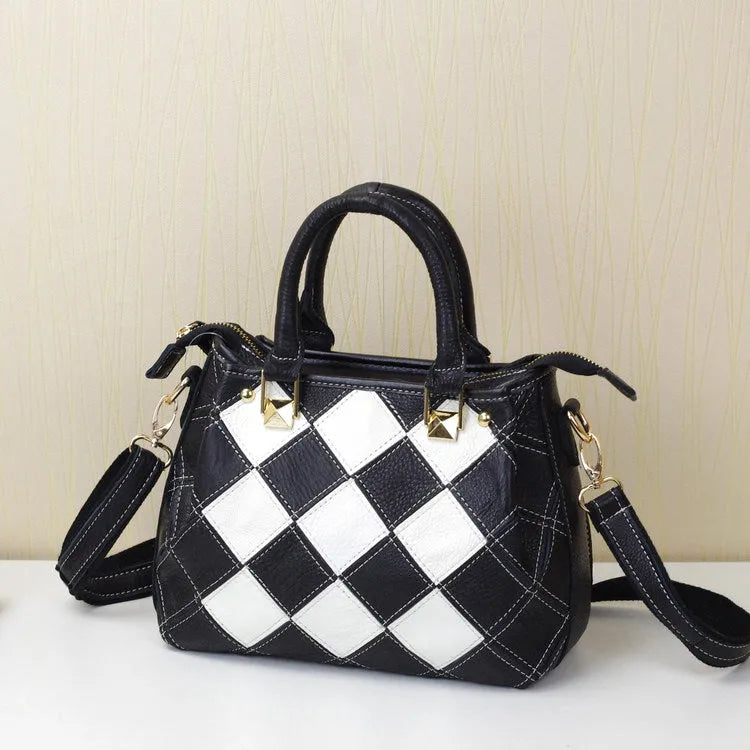 Women's small square shoulder bag in first layer cowhide with cotton lining, black and white multi-purpose handbag