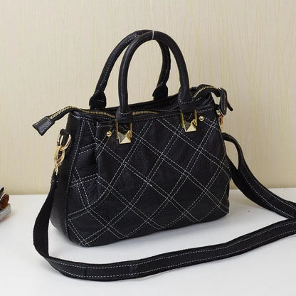 Women's small square shoulder bag in first layer cowhide with cotton lining, black and white multi-purpose handbag