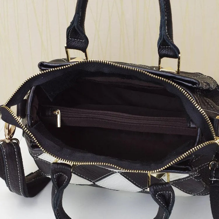 Women's small square shoulder bag in first layer cowhide with cotton lining, black and white multi-purpose handbag