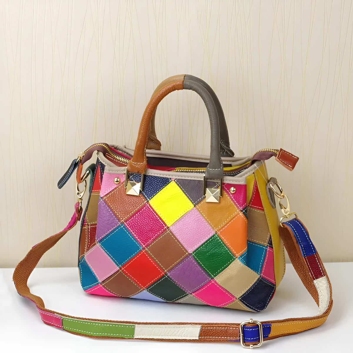 Women's small square shoulder bag in first layer cowhide with cotton lining, black and white multi-purpose handbag