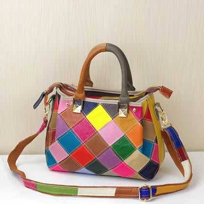 Women's small square shoulder bag in first layer cowhide with cotton lining, black and white multi-purpose handbag