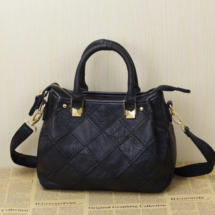 Women's small square shoulder bag in first layer cowhide with cotton lining, black and white multi-purpose handbag