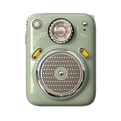 Green FM Bluetooth speaker radio with digital display showing time, compact size 64x48x35mm.