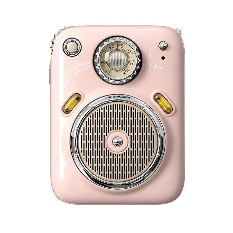 Green FM Bluetooth speaker radio with digital display showing time, compact size 64x48x35mm.