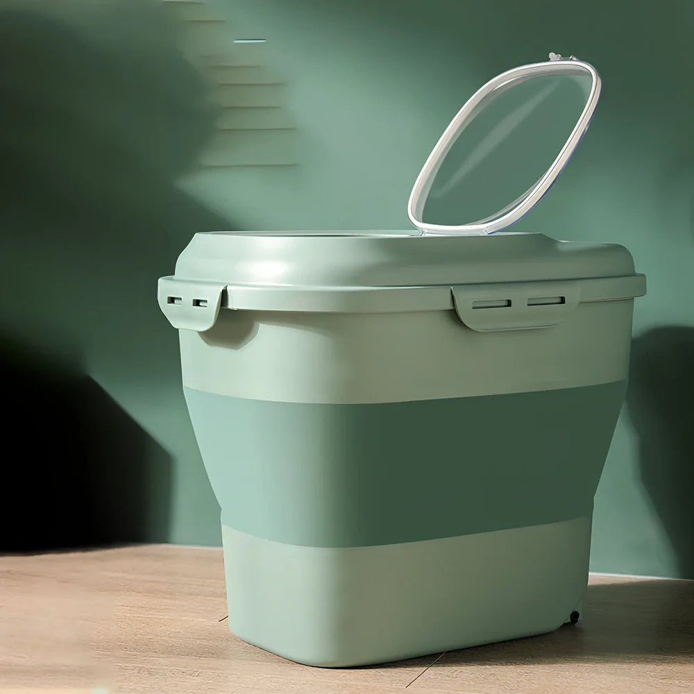 Green 16-litre pet food storage bucket with airtight lid for cat and dog food