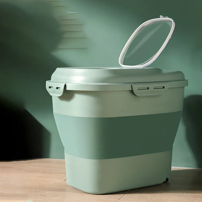Green 16-litre pet food storage bucket with airtight lid for cat and dog food