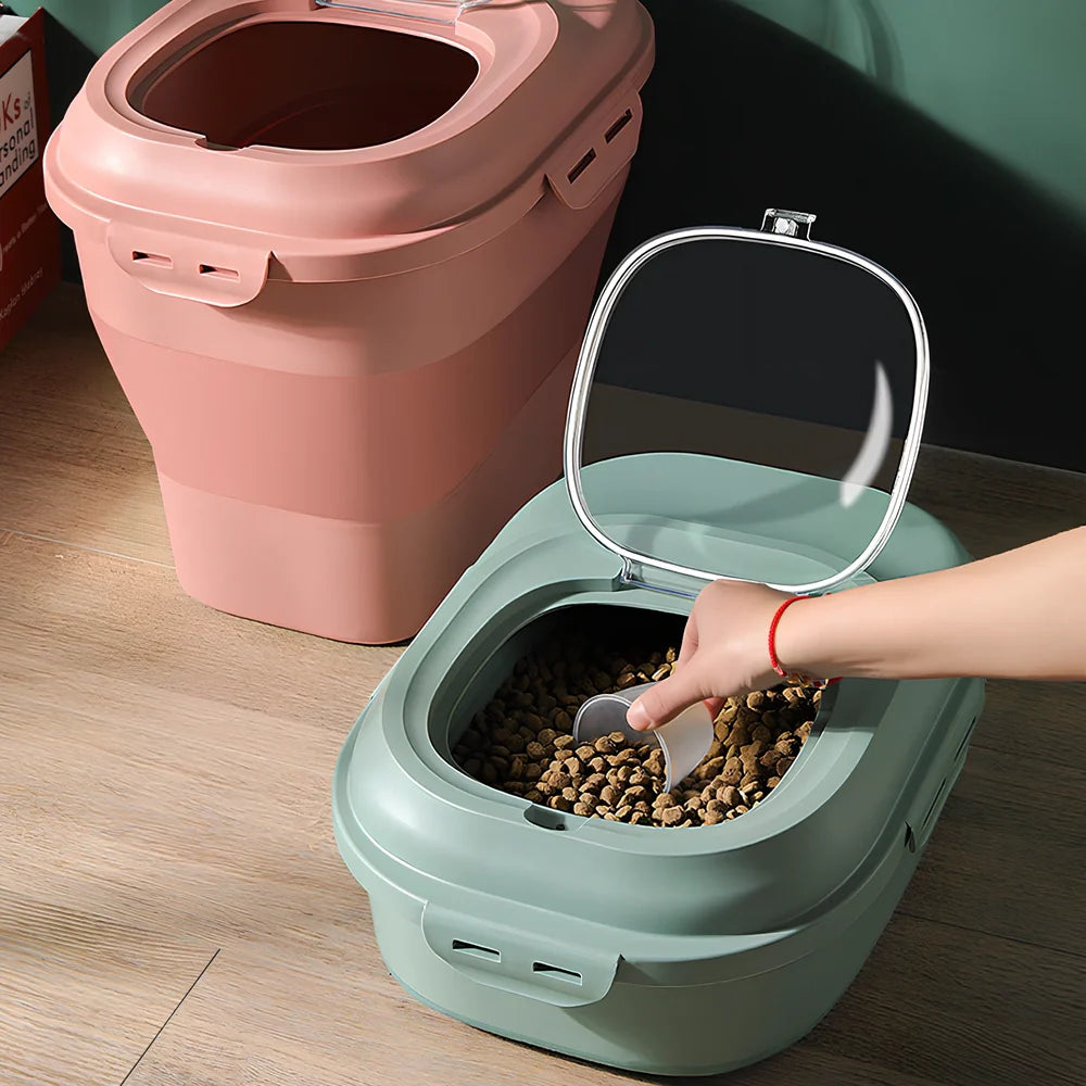Green 16-litre pet food storage bucket with airtight lid for cat and dog food