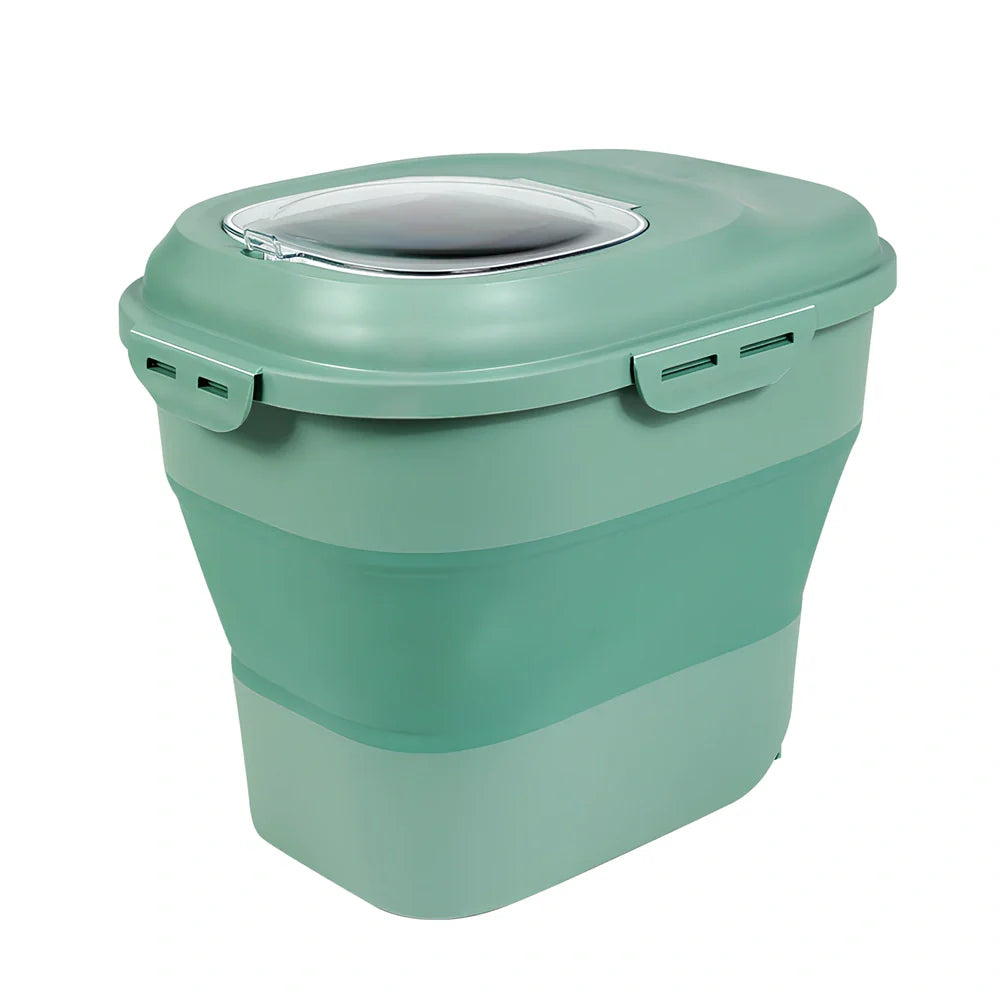 Green 16-litre pet food storage bucket with airtight lid for cat and dog food