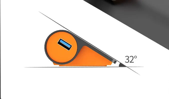 Dark grey and orange aluminium laptop hub with four USB ports, a blue LED light, and a detached cable.