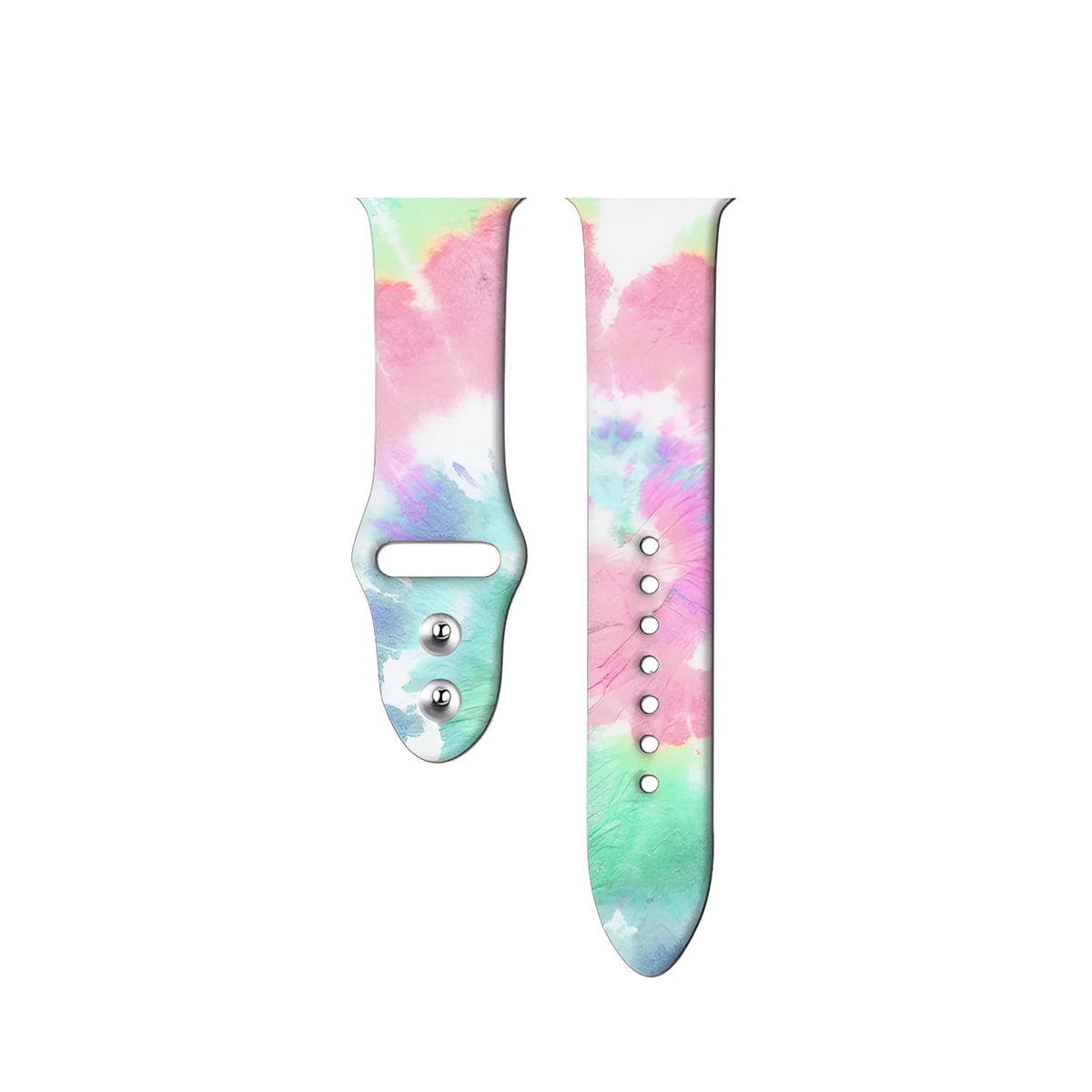 Apple Watch silicone band with colourful tie-dye pattern, shown attached to a watch and laid flat